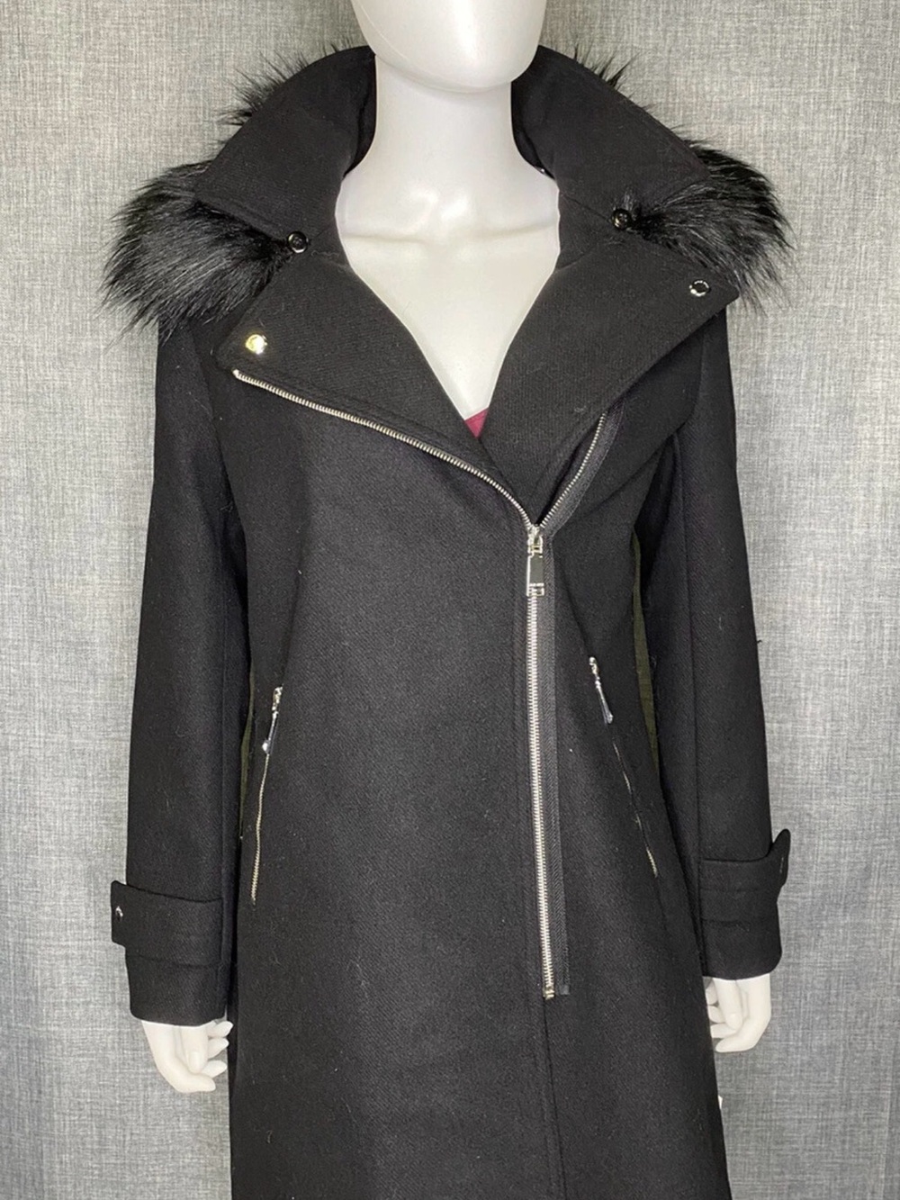Nine West Black Wool-Blend Trench Coat with Faux Fur Trim